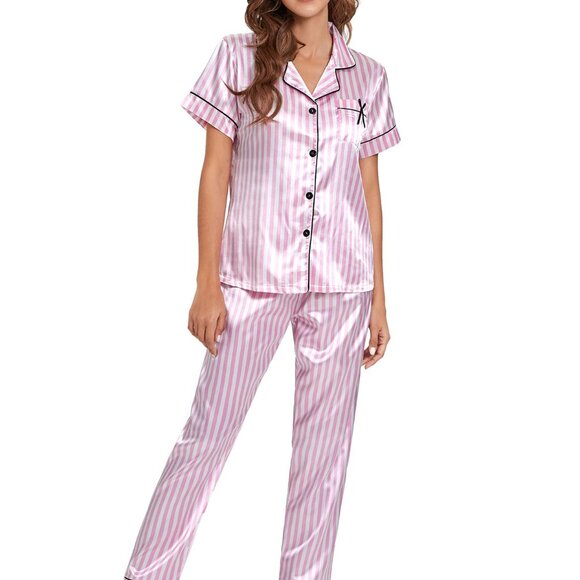 Satin Pajama Set Elegant Chic Sleepwear Lounge Wear Button Up Notch Collar
